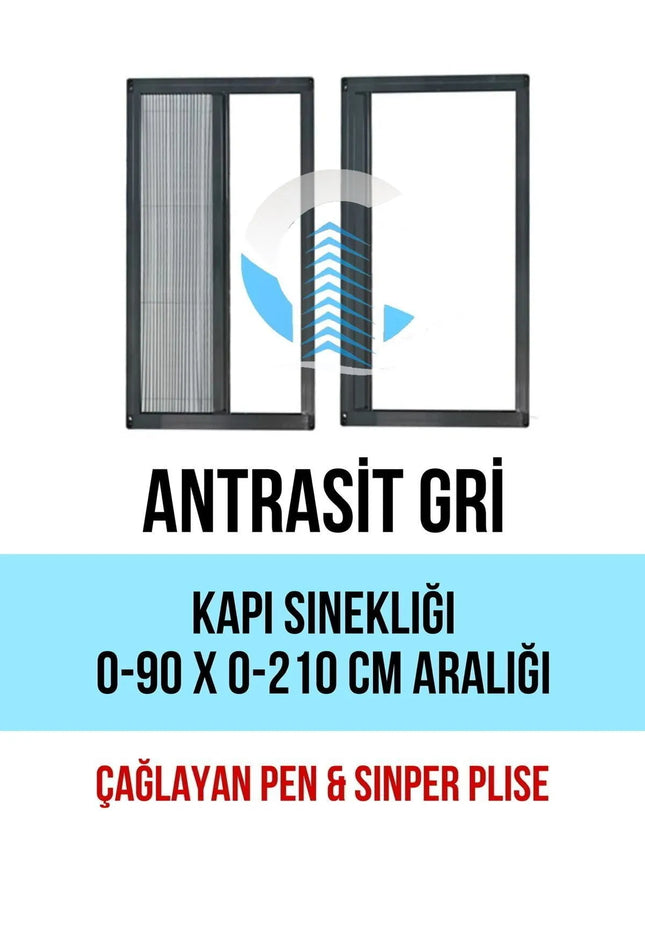 Pileli Plise Sürgülü Akordiyon Antrasit  Kapı Sinekliği 0-90 x 0-210 İstenilen Ölçüde