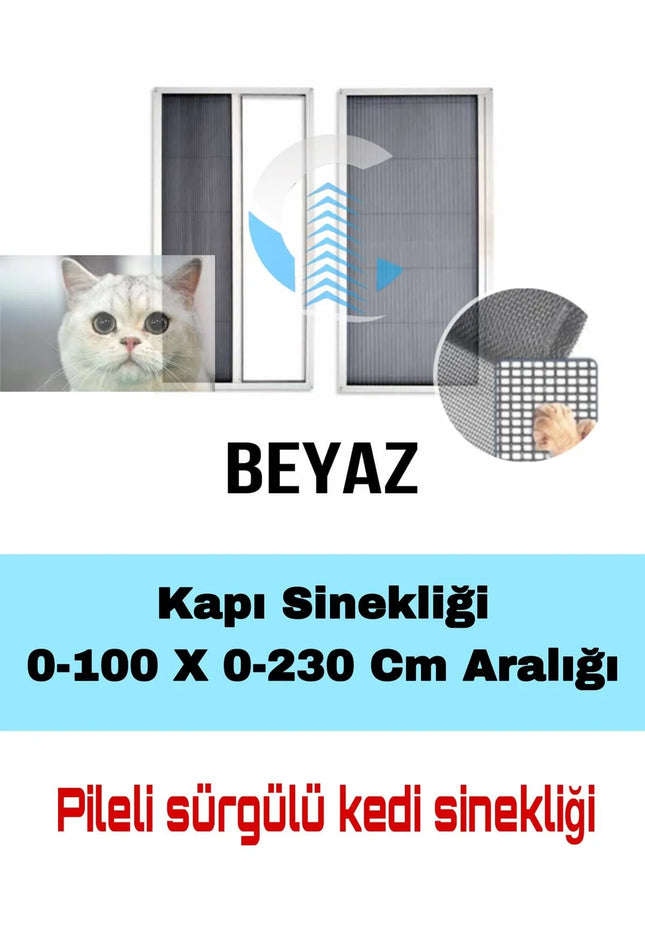 Kedi Sinekliği Pileli Plise Sürgülü Akordiyon Katlanır  Beyaz Kapı Kedi Sinekliği 0-100 x 0-230 İstenilen ölçüde