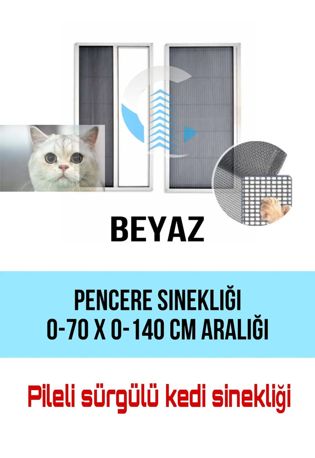 Pileli Plise Sürgülü Akordiyon  Beyaz Pencere Kedi Sinekliği 0-70 x 0-140 cm İstenilen ölçüde