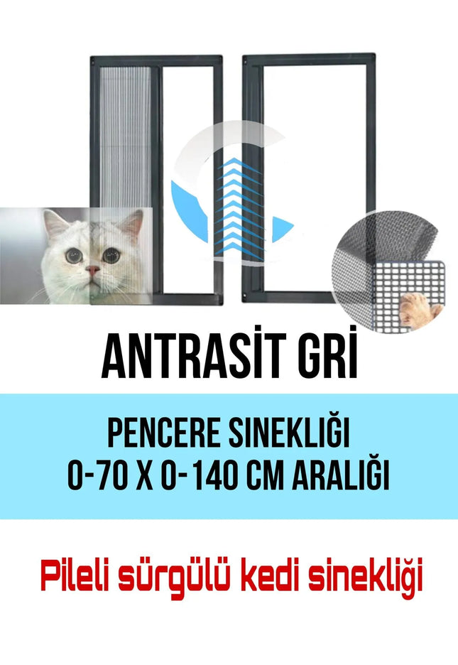 Pileli Plise Sürgülü Akordiyon Antrasit gri Pencere Kedi Sinekliği 0-70 x 0-140 cm İstenilen ölçüde