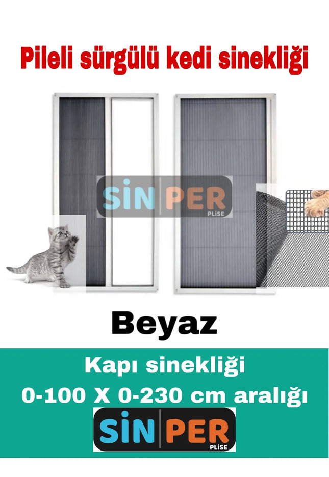 Pileli Plise Sürgülü Akordiyon Beyaz Kapı Kedi Sinekliği 0-100 x 0-230 İstenilen Ölçüde