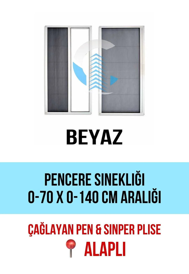 Pileli Plise Sürgülü Akordiyon Beyaz Yatay Pencere Sinekliği 0-70 x 0-140 İstenilen Ölçüde