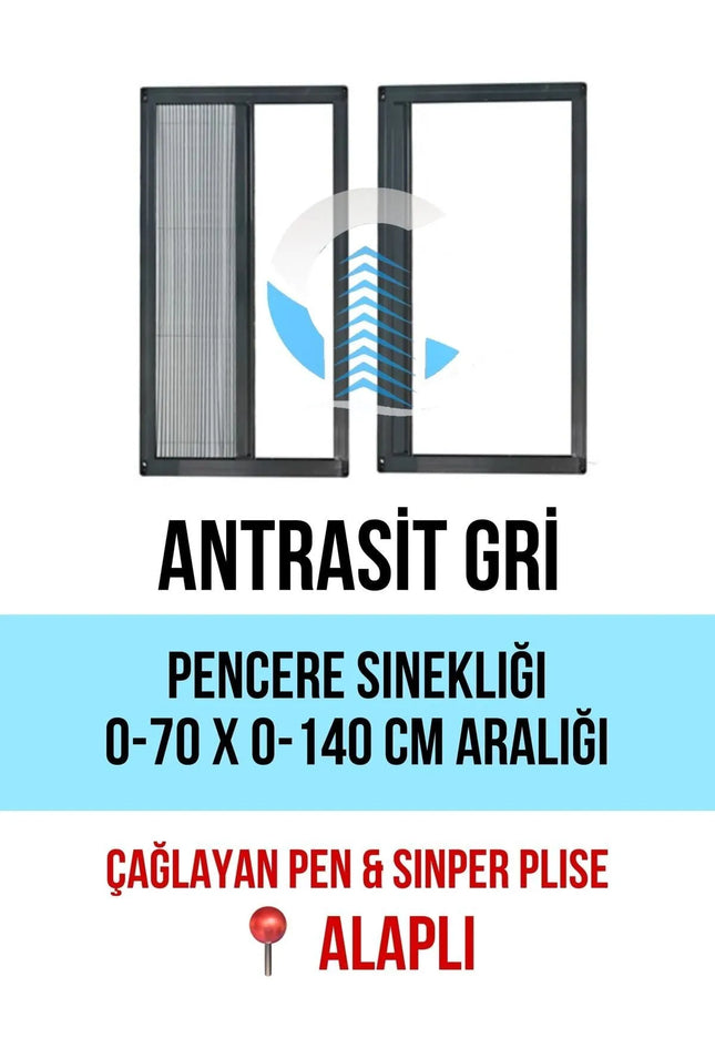 Pileli Plise Sürgülü Akordiyon Antrasit gri Yatay Pencere Sinekliği 0-70 x 0-140 İstenilen Ölçüde
