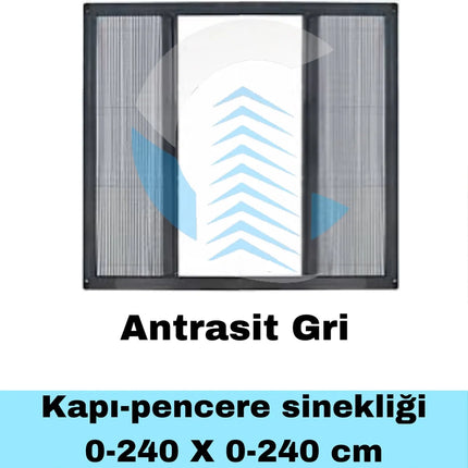 Pileli Plise Sürgülü Akordiyon Katlanır Çift Kanat Antrasit  Sineklik 0-240 x 0-240 İstenilen Ölçüde