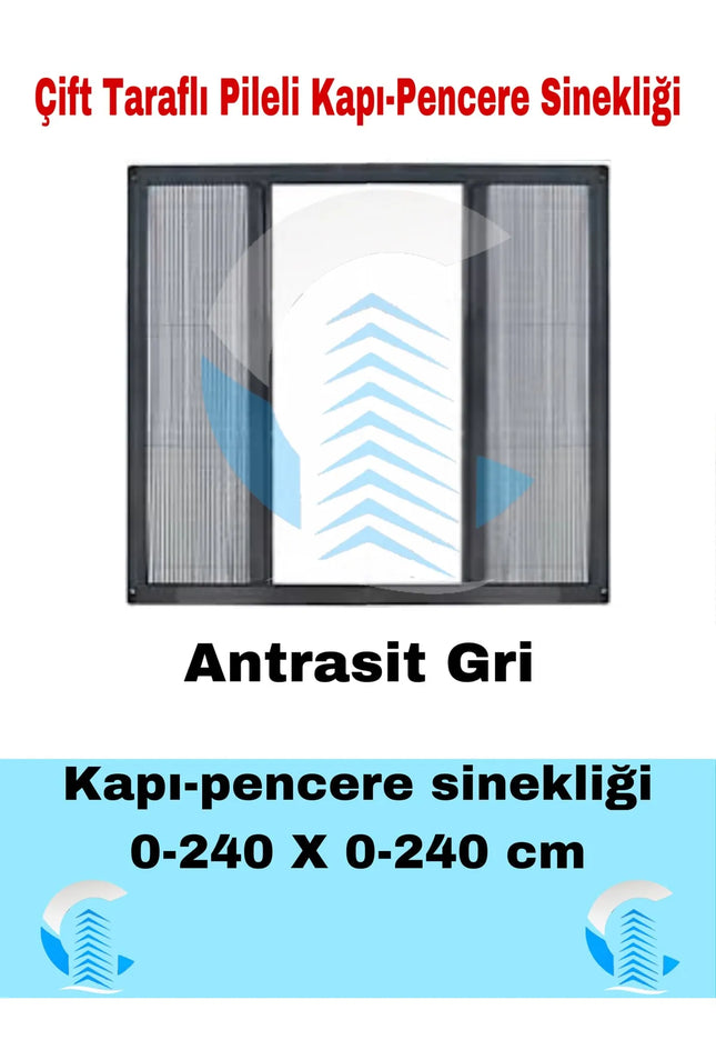 Pileli Plise Sürgülü Akordiyon Katlanır Çift Kanat Antrasit  Sineklik 0-240 x 0-240 İstenilen Ölçüde