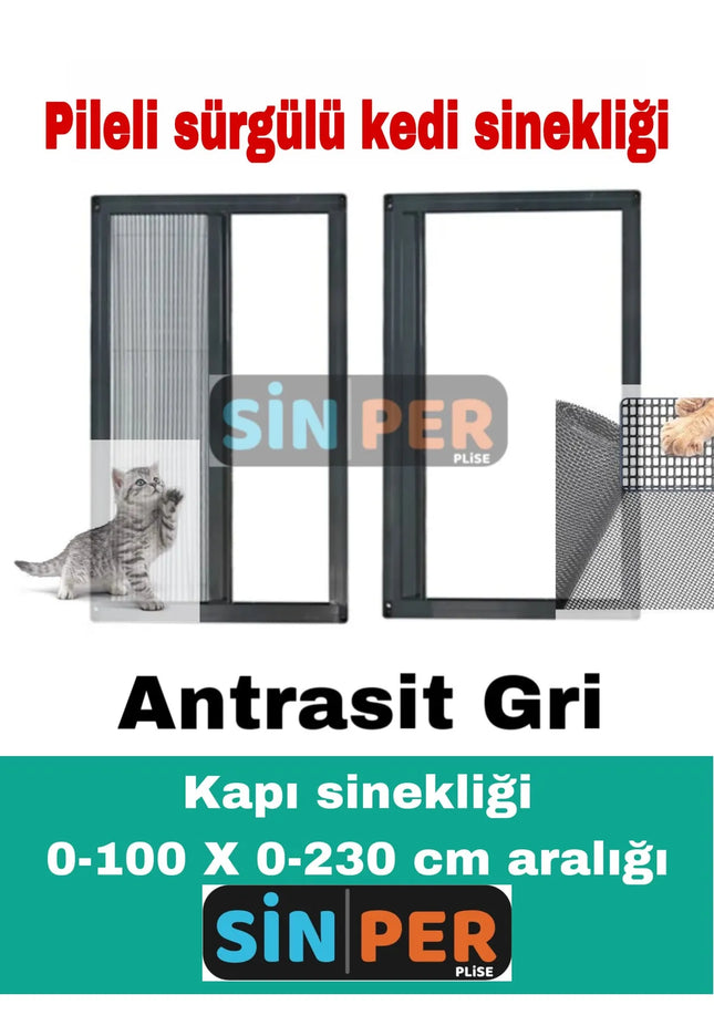 Pileli Plise Sürgülü Akordiyon Antrasit gri Kapı Kedi Sinekliği 0-100 x 0-230 İstenilen Ölçüde