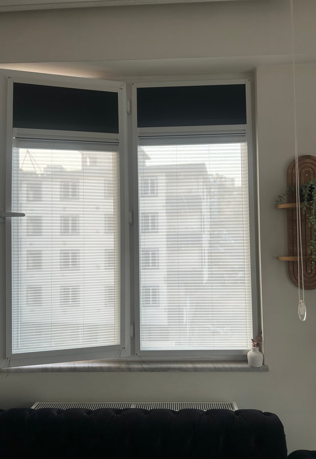 GECE GÜNDÜZ KARARTMA + TÜL Yapışkanlı Çerçeveli Plise Perde İstenilen Ölçüde 0-80  x 0-180 cm