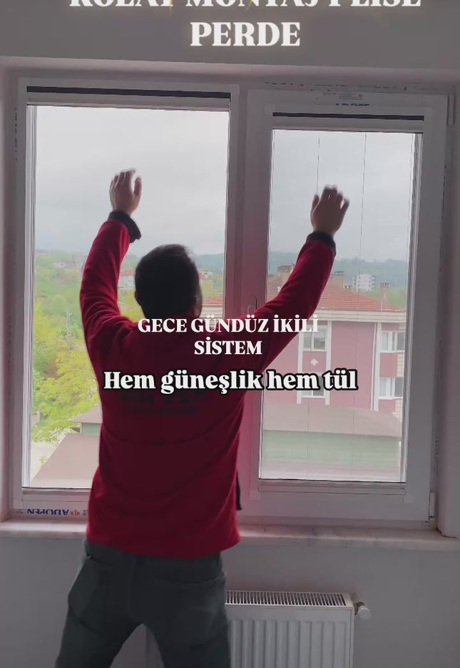 GECE GÜNDÜZ GÜNEŞLİK + TÜL Yapışkanlı Çerçeveli Plise Perde  İstenilen Ölçüde